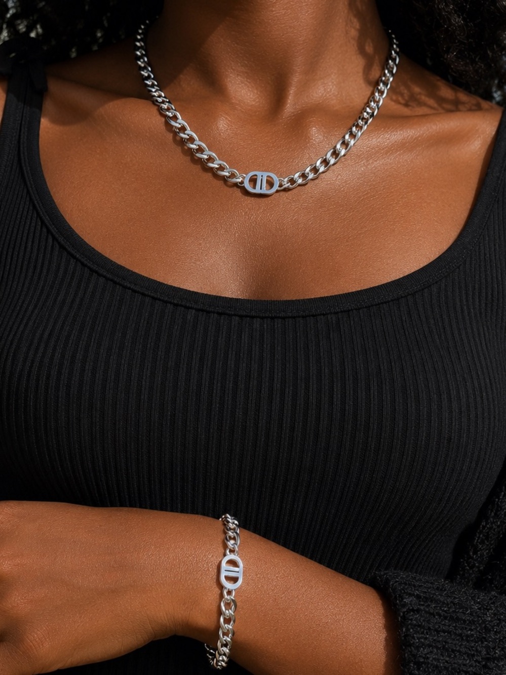 Silver Cuban Link Chain Necklace and Bracelet Set – Chunky Unisex Jewelry
